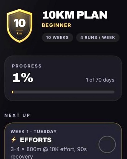 The FEARLSS app showing a 10km plan